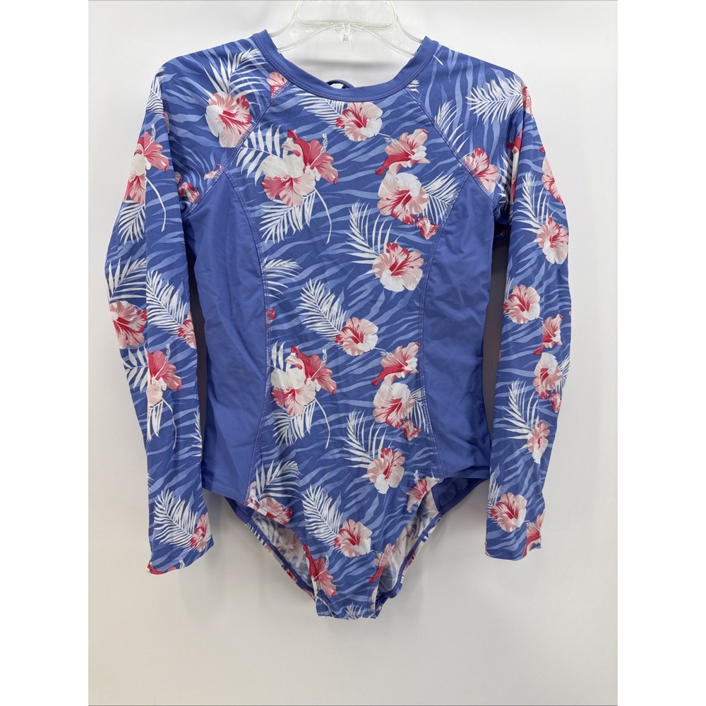Laguna Long Sleeved Blue Swimsuit With Pink/ White Hibiscus Flowers Sz 14-L